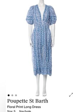 Poupette St. Barth Light Blue Floral Midi Dress with Puff Sleeves